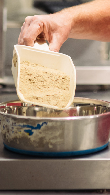 Hill's Pet Global Pet Nutrition Center researcher measuring the pet food on a scale